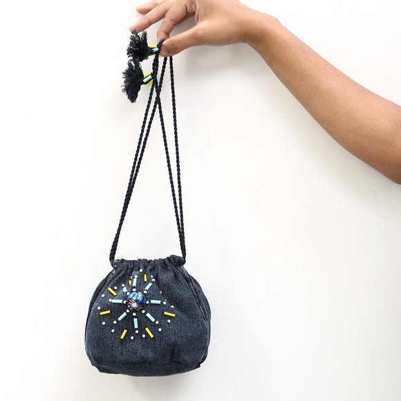 White Chocolate Handbags - White Chocolate Mini Pouch Storage Cosmetic Bag Drawstring Denim Beaded
